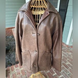 Vintage Brown Pebbled Leather Barn Jacket Car Coat Minimalist 90s Style Size M